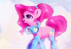 Size: 1834x1272 | Tagged: safe, artist:sverre93, pinkie pie, earth pony, pony, clothes, headphones, smiling, socks, solo, striped socks