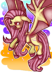 Size: 1024x1434 | Tagged: safe, artist:sofilut, fluttershy, flutterbat, flying, sharp teeth, simple background, solo, transparent background