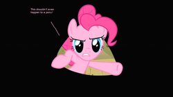 Size: 1280x720 | Tagged: safe, edit, edited screencap, screencap, pinkie pie, earth pony, pony, over a barrel, fourth wall, looney tunes, reference, solo, text