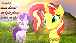 Size: 1920x1080 | Tagged: safe, artist:sky chaser, starlight glimmer, sunset shimmer, pony, unicorn, 3d, :3, downloadable, female, grin, mare, mountain, revamped ponies, smiling, source filmmaker