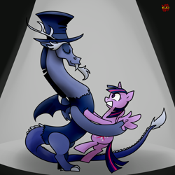 Size: 1000x1000 | Tagged: safe, artist:norang94, derpibooru import, discord, twilight sparkle, twilight sparkle (alicorn), alicorn, draconequus, pony, three's a crowd, blue flu, dancing, discolight, female, hat, male, mare, shipping, smiling, straight, tango, top hat