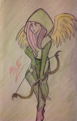 Size: 1654x2592 | Tagged: safe, artist:derpam, fluttershy, human, arrow, bow, humanized, solo, traditional art