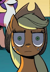 Size: 319x461 | Tagged: safe, idw, applejack, earth pony, pony, spoiler:comic, spoiler:comicff8, blank stare, dead eyes, i've seen some shit, only the dead can know peace from this evil, thousand yard stare