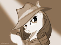 Size: 1024x768 | Tagged: safe, artist:tim-kangaroo, rarity, pony, unicorn, rarity investigates, monochrome, sepia