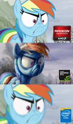 Size: 500x844 | Tagged: safe, artist:hunternif, derpibooru import, rainbow dash, pegasus, pony, tanks for the memories, amd, angry, biased, comparison, do i look angry, faic, frown, glare, intel, meme, nose wrinkle, nvidia, obligatory pony, pc master race, radeon, scene interpretation, solo, video card, wide eyes