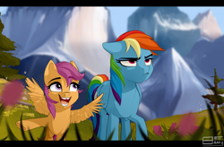Size: 3420x2243 | Tagged: safe, artist:8bitamy, derpibooru import, rainbow dash, scootaloo, pegasus, pony, annoyed, brother bear, chipped tooth, cute, duo, female, filly, mare, open mouth, scene interpretation, scenery, song in the comments, spread wings, underhoof