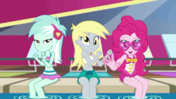 Size: 1336x752 | Tagged: safe, screencap, derpy hooves, lyra heartstrings, pinkie pie, equestria girls, equestria girls series, i'm on a yacht, spoiler:eqg series (season 2), animated, belly button, bikini, clothes, cute, dancing, derpabetes, diapinkes, gif, glasses, heart shaped glasses, looking at you, lyrabetes, midriff, one-piece swimsuit, pool party, sleeveless, sunglasses, swimming pool, swimsuit, vip