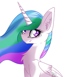 Size: 923x1000 | Tagged: safe, artist:midnightfponyartist, princess celestia, alicorn, pony, bust, female, horn, mare, multicolored mane, solo, white coat