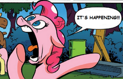 Size: 623x400 | Tagged: safe, edit, idw, pinkie pie, earth pony, pony, spoiler:comic, spoiler:comic28, comic sans, it's happening, reaction image