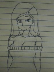 Size: 3456x4608 | Tagged: safe, artist:shrusxaiken, fluttershy, human, breasts, cleavage, clothes, female, hootershy, humanized, lined paper, monochrome, off shoulder, sketch, solo, sweater, sweatershy, traditional art