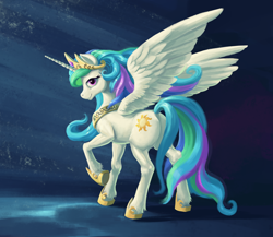 Size: 1200x1043 | Tagged: dead source, safe, artist:maggwai, princess celestia, alicorn, pony, crown, female, horseshoes, jewelry, looking at you, looking back, mare, peytral, plot, raised hoof, regalia, smiling, solo, spread wings, sunbutt, unshorn fetlocks