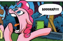 Size: 623x400 | Tagged: safe, edit, idw, pinkie pie, earth pony, pony, spoiler:comic, spoiler:comic28, burp, comic sans, reaction image