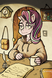 Size: 640x960 | Tagged: safe, artist:glomasy, starlight glimmer, anthro, unicorn, book, clock, clothes, coffee, cuckoo clock, desk, female, hoodie, inkwell, mare, mug, quill, solo, tired