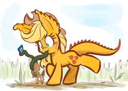 Size: 1680x1200 | Tagged: safe, artist:heir-of-rick, derpibooru exclusive, derpibooru import, edit, applejack, monster pony, original species, pikachu, tatzlpony, eevee, impossibly large ears, phone, pokémon, pokémon go, smartphone, species swap, tatzljack, tentacle tongue, tentacles