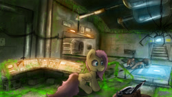 Size: 2560x1440 | Tagged: safe, artist:fuzzyfox11, fluttershy, pegasus, pony, repairing, ruins, scenery