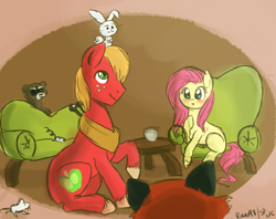 Size: 1024x810 | Tagged: safe, artist:rain098, angel bunny, big macintosh, fluttershy, earth pony, fox, mouse, pegasus, pony, raccoon, fluttermac, male, shipping, stallion, straight