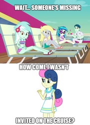 Size: 511x707 | Tagged: safe, edit, edited screencap, screencap, bon bon, derpy hooves, dj pon-3, lyra heartstrings, sweetie drops, vinyl scratch, better together, equestria girls, spring breakdown, background human, sad, text