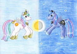 Size: 1024x711 | Tagged: safe, artist:normaleeinsane, princess celestia, princess luna, alicorn, pony, g1, bow, cute, cutelestia, duo, g4 to g1, generation leap, lunabetes, moon, royal sisters, sisters, stars, sun, tail bow, traditional art