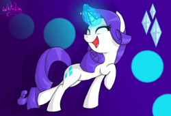Size: 1024x696 | Tagged: safe, artist:whitelie, rarity, pony, unicorn, abstract background, cute, cutie mark, cutie mark background, eyes closed, female, glowing horn, happy, magic, mare, open mouth, purple background, raised hoof, raised leg, raribetes, signature, simple background, smiling, solo