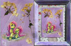 Size: 1116x715 | Tagged: safe, artist:arainmorn, fluttershy, butterfly, pegasus, pony, craft, cute, dried flowers, flower, for sale, gouache, grass, grin, looking up, pen, picture frame, raised hoof, raised leg, smiling, solo, traditional art