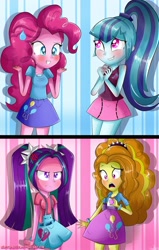 Size: 1800x2828 | Tagged: safe, artist:vixelzf, adagio dazzle, aria blaze, pinkie pie, sonata dusk, equestria girls, rainbow rocks, blushing, clothes, clothes swap, embarrassed, skirt