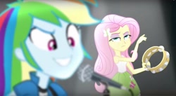 Size: 1257x689 | Tagged: safe, derpibooru import, screencap, fluttershy, rainbow dash, equestria girls, awesome as i want to be, fluttershy is not amused, unamused