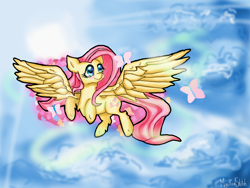 Size: 1400x1050 | Tagged: safe, artist:mysticalsketch, fluttershy, butterfly, pegasus, pony, cloud, cloudy, cute, flying, sky