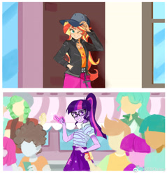 Size: 2480x2594 | Tagged: safe, artist:keeerooooo1, gallop j. fry, garden grove, guy grove, lily longsocks, little red, sandalwood, sci-twi, sunset shimmer, super funk, twilight sparkle, better together, display of affection, equestria girls, street magic with trixie, background human, clothes, doodle bug, female, flanksy, glasses, glowing hands, hand on hip, hat, helping, jacket, leather, leather jacket, male, one eye closed, ponytail, scene interpretation, shirt, skirt, smiling