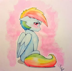 Size: 1849x1829 | Tagged: safe, artist:captainpudgemuffin, derpibooru import, part of a set, rainbow dash, pegasus, pony, blushing, female, floppy ears, mare, pouting, pudge's pretty pouting ponies, solo, traditional art