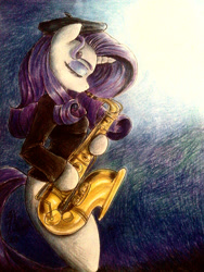 Size: 1536x2048 | Tagged: safe, artist:mannybcadavera, rarity, anthro, beatnik rarity, beret, clothes, eyes closed, female, hat, musical instrument, saxophone, solo, traditional art