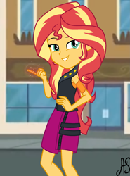 Size: 1633x2210 | Tagged: safe, artist:sparkling-sunset-s08, edit, sunset shimmer, better together, equestria girls, street magic with trixie, clothes, female, jacket, leather, leather jacket, magic, skirt, smug, smugset shimmer, solo