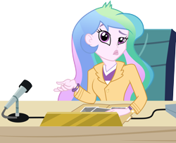 Size: 4096x3325 | Tagged: safe, artist:famousmari5, princess celestia, principal celestia, equestria girls, absurd resolution, bracelet, clothes, desk, folder, microphone, pictures, simple background, solo, transparent background, vector, watch