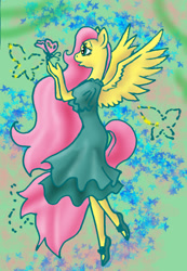 Size: 1024x1477 | Tagged: safe, artist:tielgar, fluttershy, anthro, butterfly, clothes, female, pink hair, solo