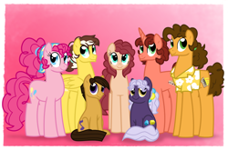 Size: 1100x726 | Tagged: safe, artist:faith-wolff, cheese sandwich, pinkie pie, oc, oc:banana toffee split, oc:jelly marie doughnut, oc:peach winnimere pie, oc:peanut butter cup, oc:strawberry marscapone sandwich, earth pony, pegasus, pony, unicorn, alternate hairstyle, bandana, big family, cheesepie, faithverse, family, family photo, female, gradient background, male, next generation, offspring, parent:cheese sandwich, parent:pinkie pie, parents:cheesepie, pink background, shipping, simple background, straight