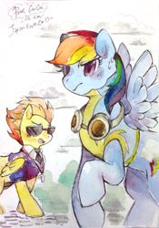 Size: 1208x1728 | Tagged: safe, artist:mi-eau, derpibooru import, edit, rainbow dash, spitfire, pegasus, pony, wonderbolts academy, clothes, duo, female, goggles, japan expo, japanese, mare, scene interpretation, traditional art, watercolor painting, wonderbolt trainee uniform