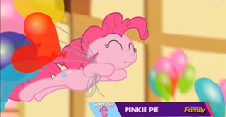 Size: 1056x545 | Tagged: safe, screencap, pinkie pie, earth pony, pony, castle sweet castle, balloon, discovery family, discovery family logo, eyes closed, party, smiling, solo