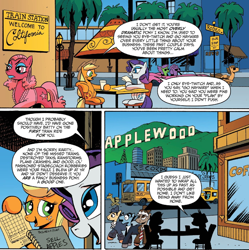 Size: 1400x1406 | Tagged: safe, idw, applejack, rarity, earth pony, pony, unicorn, spoiler:comic, spoiler:comicff8, applewood, chico marx, derp, greta garbo, groucho marx, harpo marx, marx brothers