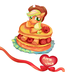 Size: 900x900 | Tagged: safe, artist:fluffffyyyy, applejack, earth pony, pony, :t, cute, floppy ears, food, jackabetes, macaron, pixiv, raspberry (food), smiling, solo