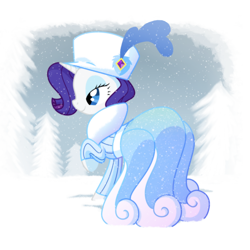 Size: 1100x1100 | Tagged: safe, artist:yokokinawa, rarity, pony, unicorn, clothes, dress, hat, snow, snowfall, solo, winter