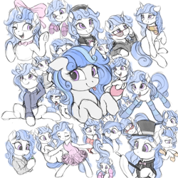 Size: 3000x3000 | Tagged: safe, artist:vanillaghosties, oc, oc only, oc:melodia, pony, bow, clothes, colored sketch, cute, dress, eyes closed, female, gift art, hair bow, hat, mare, ocbetes, socks, solo, stockings, striped socks, sweater, thigh highs, tongue out, top hat