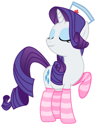 Size: 775x1004 | Tagged: safe, artist:tabrony23, rarity, pony, unicorn, clothes, eyes closed, hat, nurse hat, raised hoof, simple background, socks, solo, striped socks, transparent background