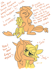 Size: 1024x1418 | Tagged: safe, artist:heavy-weight, apple bloom, applejack, earth pony, pony, comic, drama queen, nose in the air, sisters