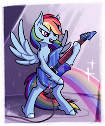 Size: 844x1010 | Tagged: dead source, safe, artist:irenezelle, derpibooru import, rainbow dash, pegasus, pony, equestria girls, rainbow rocks, bipedal, electric guitar, female, guitar, hoof fluff, mare, open mouth, rainbow, solo, spread wings, unshorn fetlocks