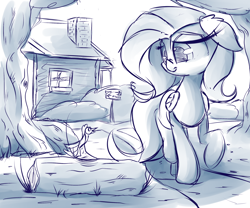 Size: 1280x1067 | Tagged: safe, artist:madacon, fluttershy, bird, pegasus, pony, sketch, solo