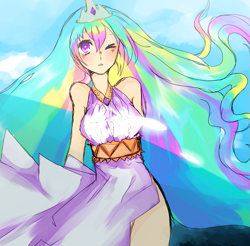 Size: 877x863 | Tagged: safe, artist:psycho-mea, princess celestia, human, clothes, dress, humanized, side slit, solo, wink