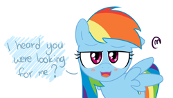 Size: 874x498 | Tagged: artist needed, safe, derpibooru import, rainbow dash, pegasus, pony, blushing, colored, lidded eyes, simple background, solo, talking to viewer, white background