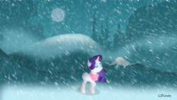 Size: 5000x2813 | Tagged: safe, artist:ldinos, rarity, pony, unicorn, canterlot castle, clothes, full moon, moon, night, scarf, signature, snow, snowfall, vector, wallpaper