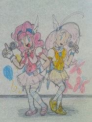 Size: 774x1032 | Tagged: safe, artist:fergarcia220, fluttershy, pinkie pie, human, breasts, cutie mark, female, humanized, idol, microphone, pinkie pies, pose, smiling, the unexpected love life of dusk shine, traditional art