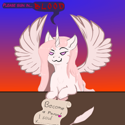 Size: 1100x1100 | Tagged: safe, artist:pony_prints<3, princess celestia, alicorn, pony, blood, contract, fangs, female, pink hair, pink-mane celestia, princess molestia, solo