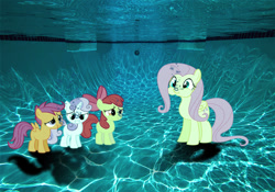 Size: 720x504 | Tagged: safe, artist:sb1991, apple bloom, fluttershy, scootaloo, sweetie belle, pegasus, pony, breathhold, bubble, cutie mark crusaders, story included, swimming pool, underwater